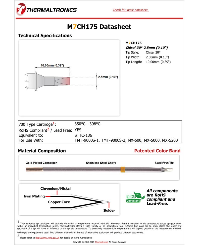 Thermaltronics M7CH175 Chisel 30deg 2.5mm (0.10in) interchangeable for Metcal STTC-136